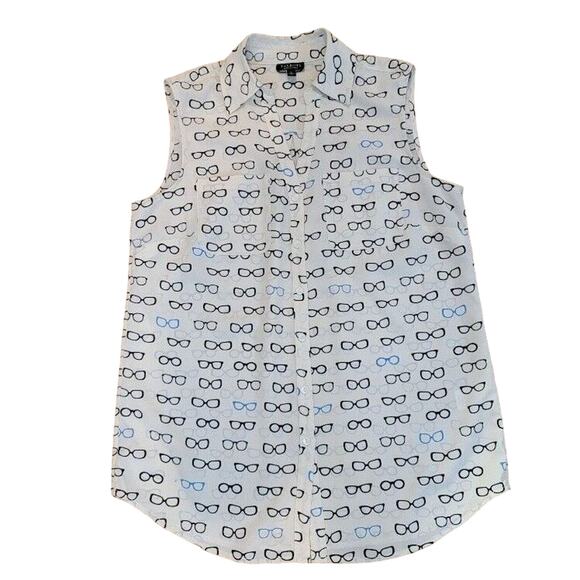 Talbots Sleeveless Blouse Women's Sz Small Eyeglass Logo White Black Whimsical - Picture 1 of 9